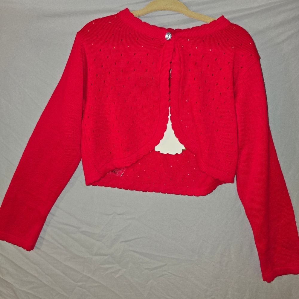 Lilax Shrug Sweater Size 8 Kids Red Pointelle Cropped Bolero Rhinestone Button